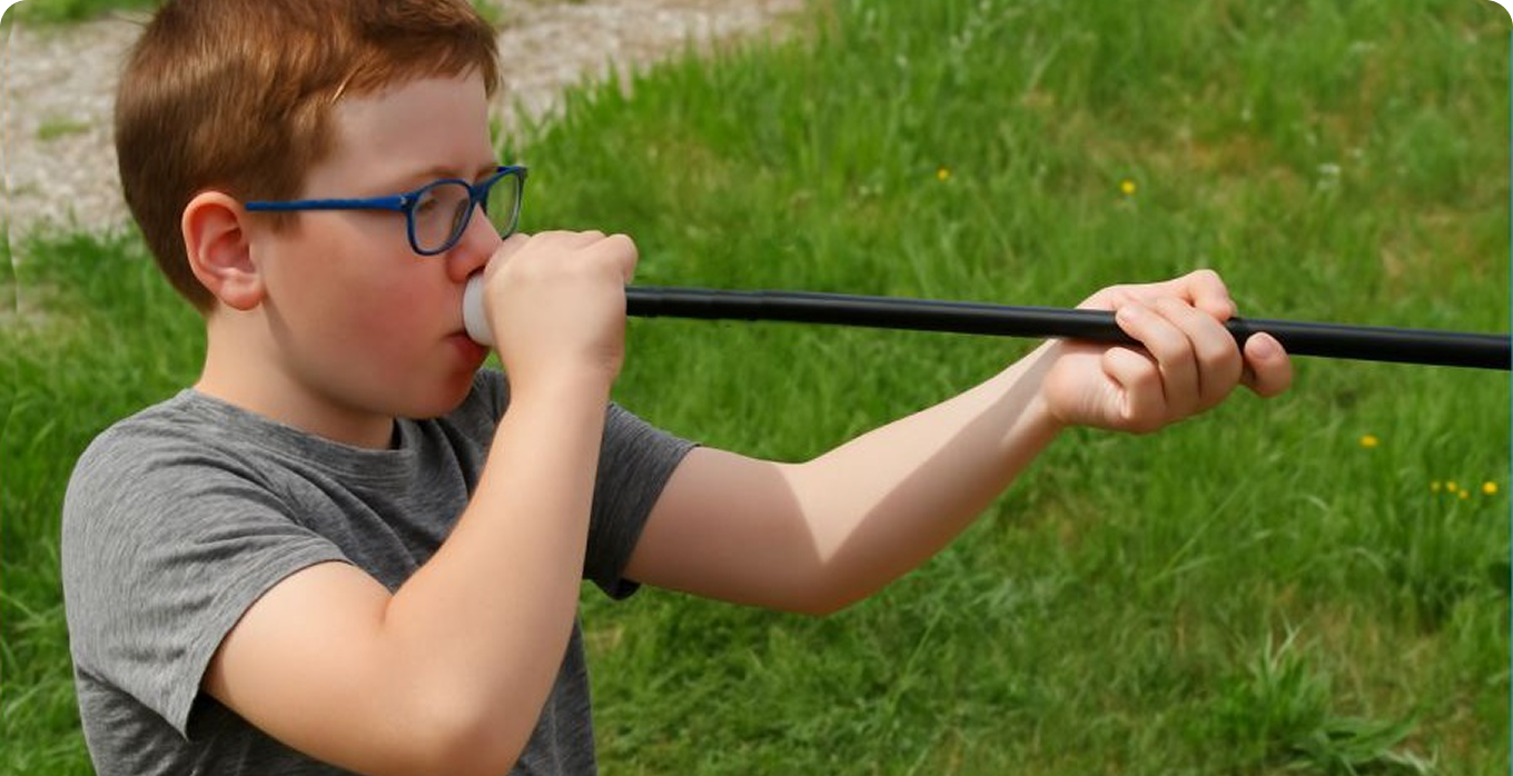 Blasrohr 3D - Ein Mann und ein Jugendlicher zielen mit zwei langen, blauen Blasrohren